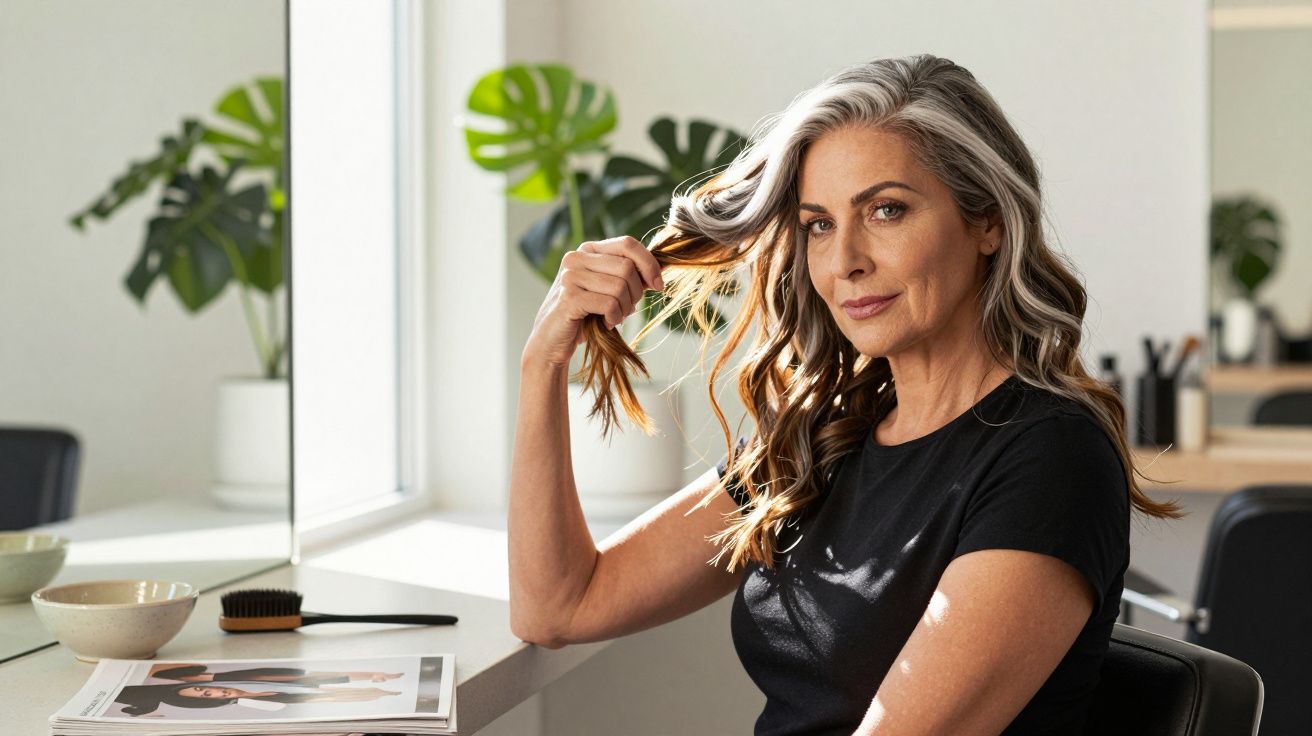 Mulher de cabelo grisalho e ondulado sentada numa sala iluminada, segurando o cabelo com a mão.