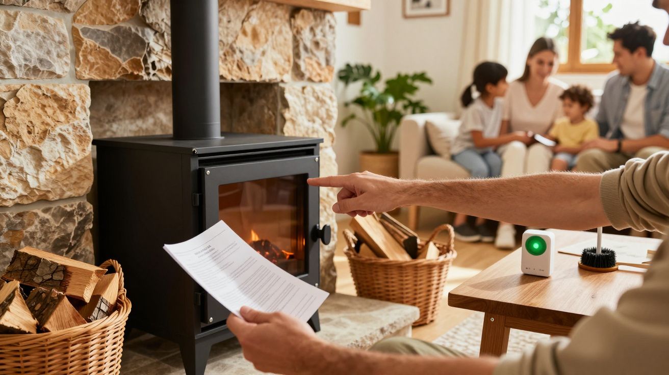 Sala de estar com lareira, homem aponta para um documento, família ao fundo no sofá.