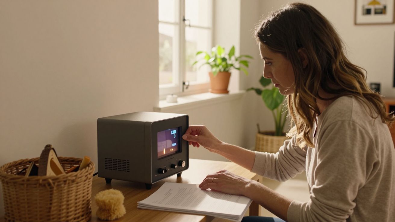 Mulher ajusta um rádio vintage numa mesa de madeira, com uma planta ao fundo, num ambiente iluminado por luz natural.