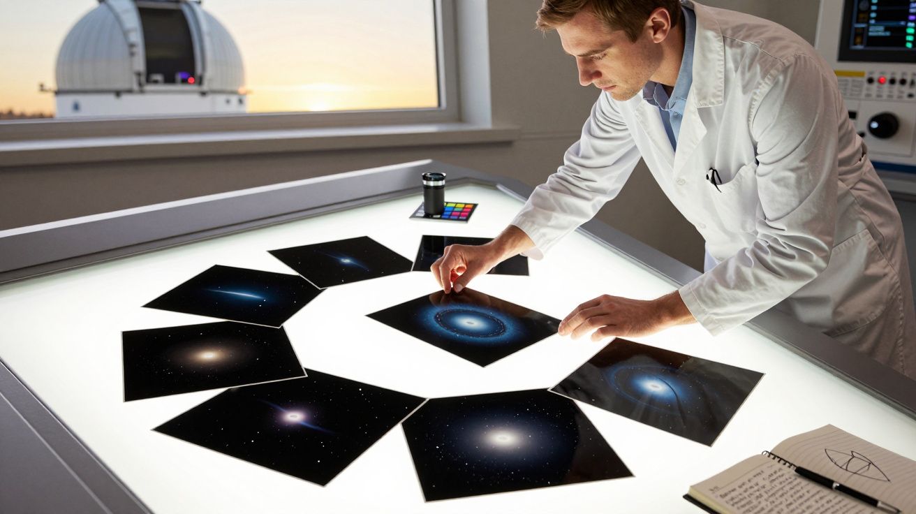 Cientista analisa imagens de galáxias numa mesa iluminada, ao lado de observatório com cúpula aberta ao pôr do sol.