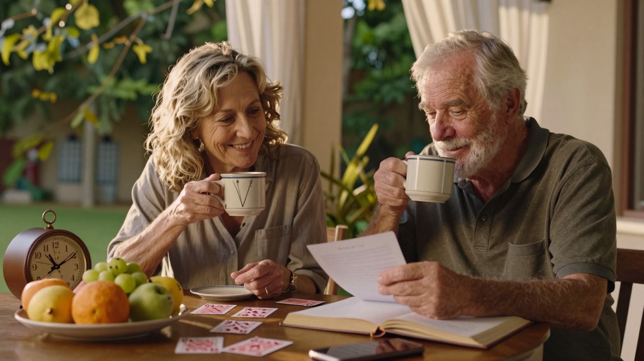Casal idoso num jardim, a beber chá e a ler, com frutas e cartas na mesa. Um relógio ao lado marca nove horas.