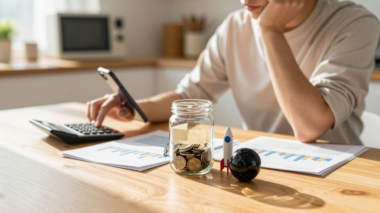 Pessoa com calculadora e smartphone, analisando gráficos e jarra de moedas numa mesa de madeira iluminada pelo sol.