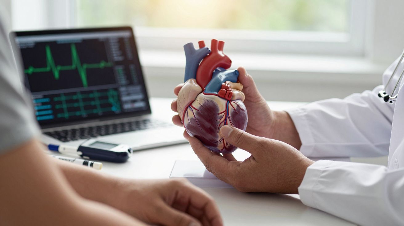 Médico segurando modelo de coração humano, com monitor de ECG ao fundo, em consulta médica.