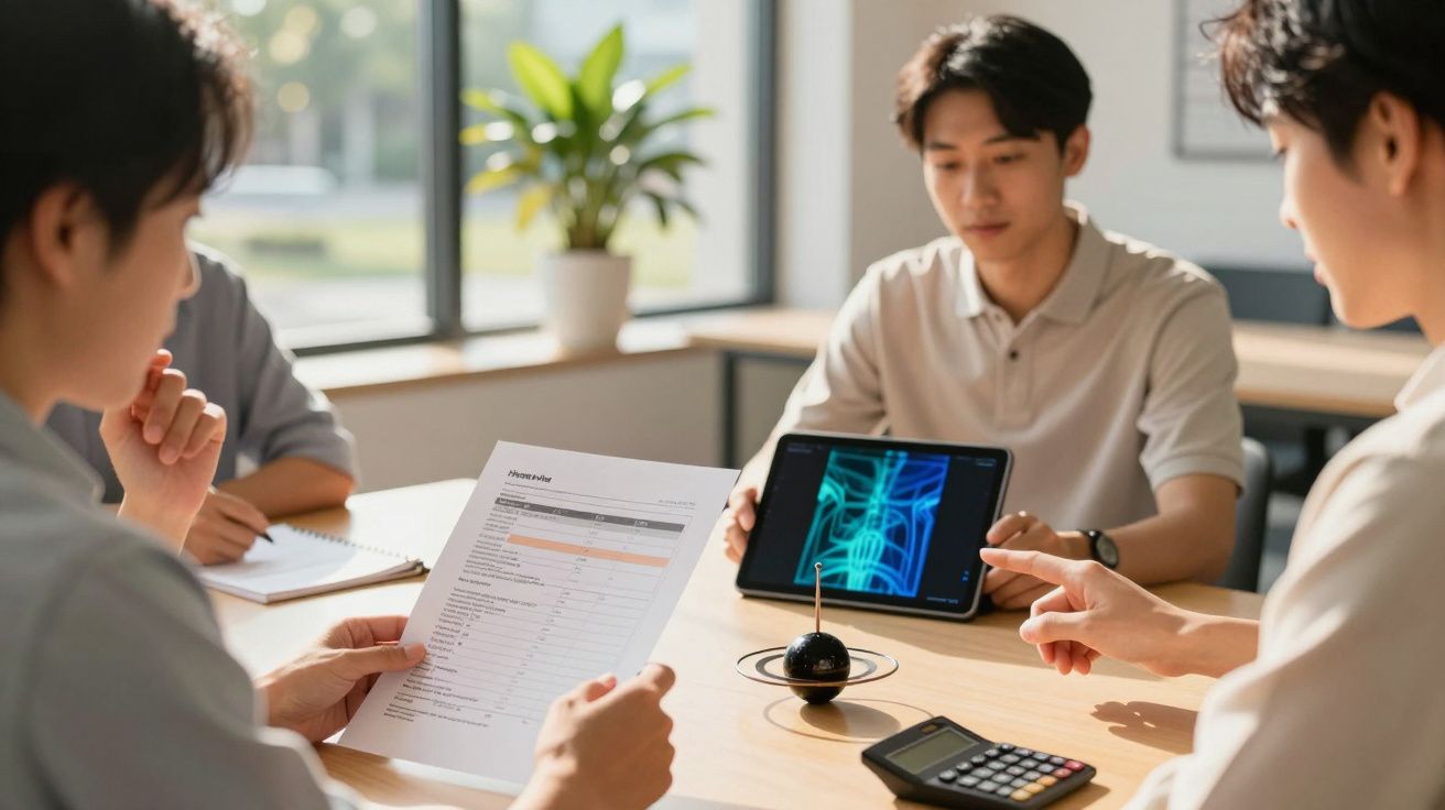 Três pessoas em reunião, uma segura documento, outra aponta para tablet com gráfico, calculadora na mesa.