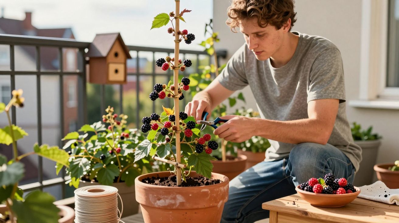 Homem corta galho de amora em vaso na varanda, rodeado de plantas e taça com amoras.
