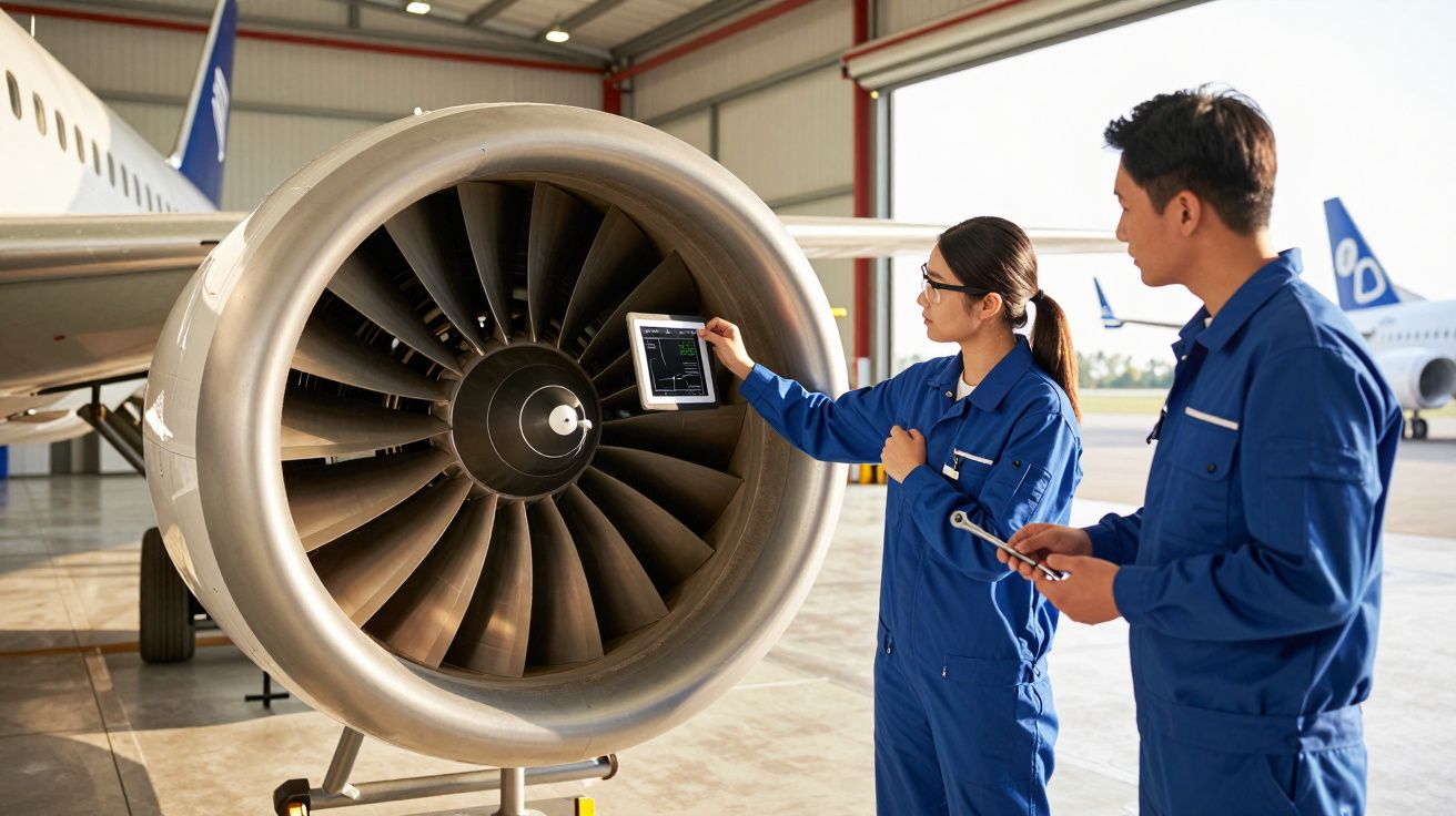 Dois técnicos inspecionam motor a jato de avião num hangar, usando um tablet e vestindo macacões azuis.