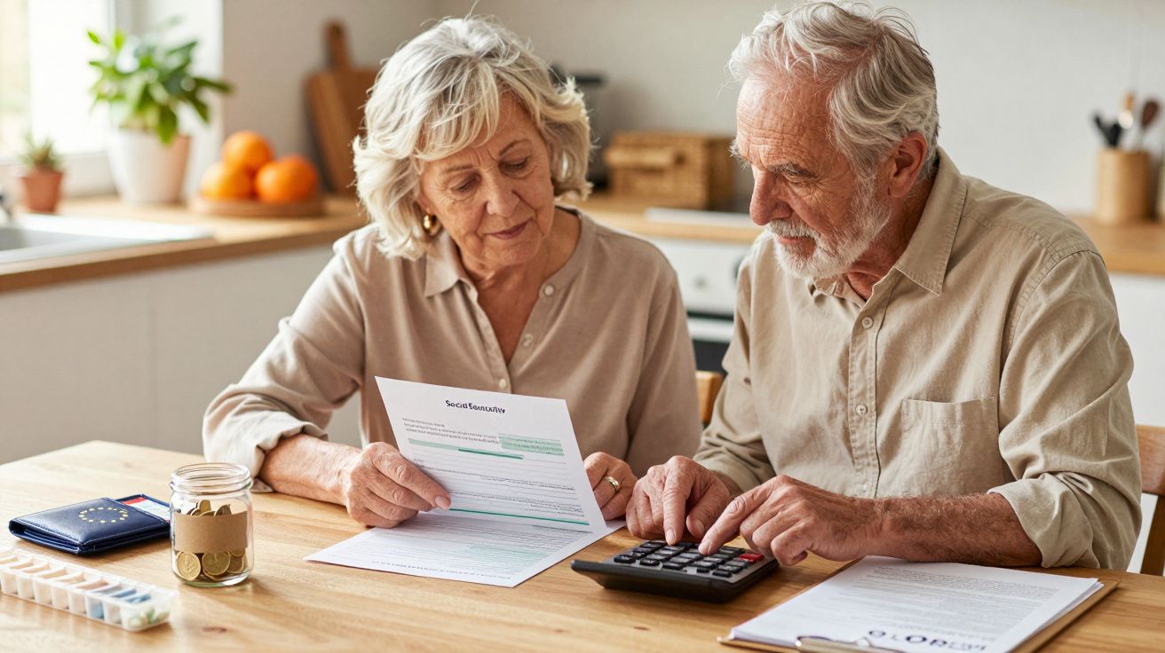 Casal idoso consultando documentos financeiros e calculadora em casa, sentado à mesa da cozinha.