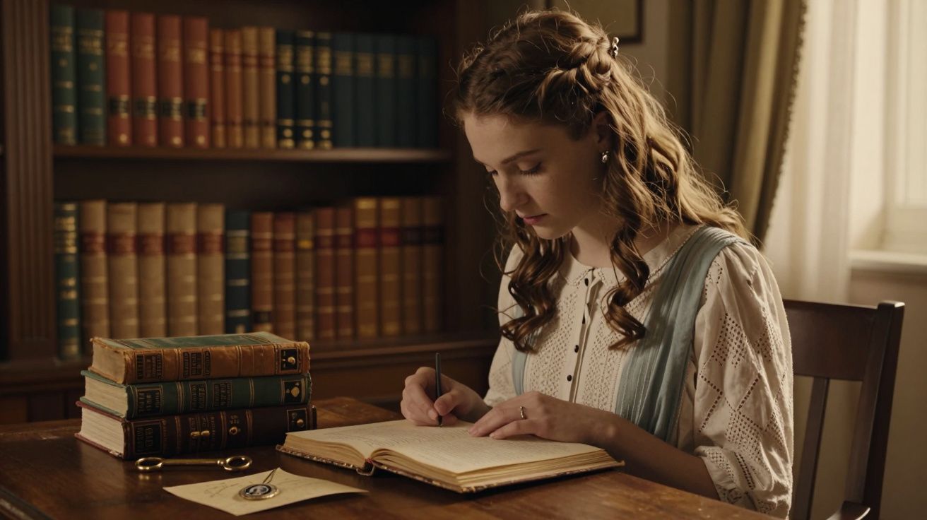 Mulher jovem escreve num diário numa biblioteca clássica, com livros antigos empilhados na mesa.