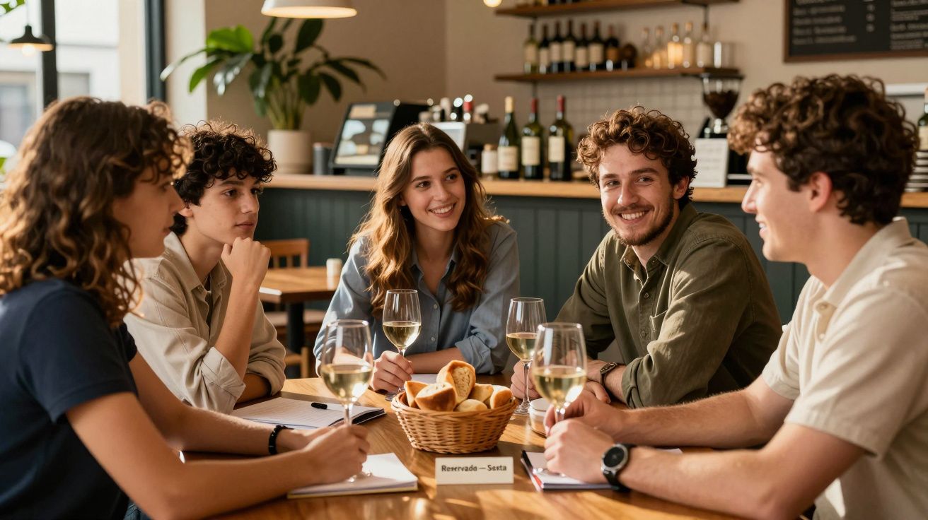 Cinco pessoas conversam em volta de uma mesa de restaurante, com copos de vinho e cesto de pães ao centro.