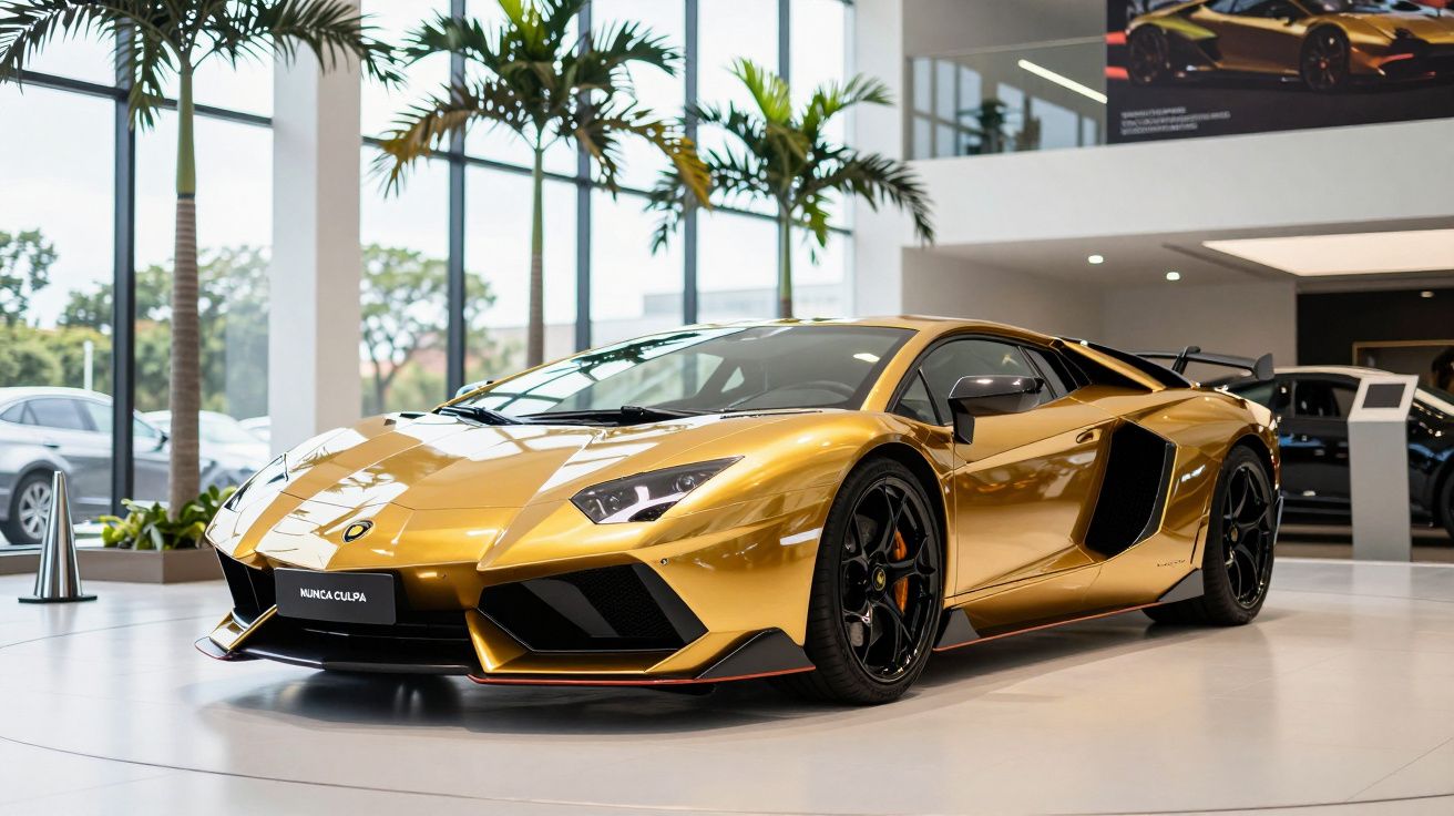 Carro desportivo dourado em exposição num showroom iluminado, rodeado de palmeiras e grandes janelas.