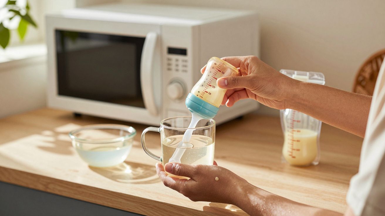 Pessoa a aquecer leite num micro-ondas e a despejar num biberão.