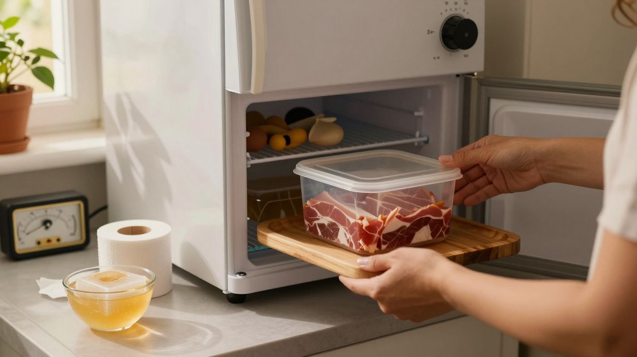 Mãos colocam tupperware com carne no frigorífico pequeno. Mesas com chávena e papel higiénico ao lado.