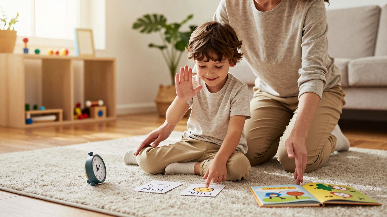 Criança e adulto a aprender com cartões de palavras e livro numa sala de estar iluminada.