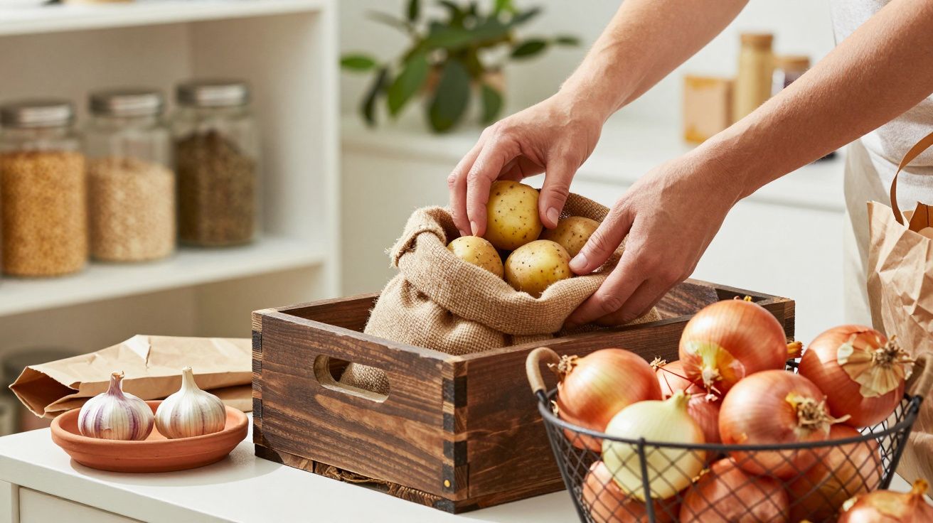 Pessoa a colocar batatas numa caixa de madeira, ao lado de cebolas e alhos na cozinha iluminada.