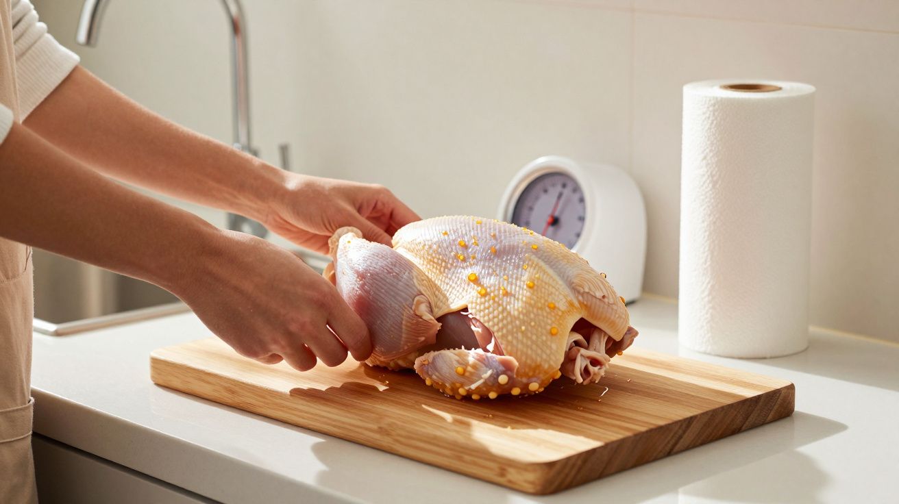 Pessoa prepara um frango cru numa tábua de cortar, ao lado de um rolo de papel e um relógio de cozinha.