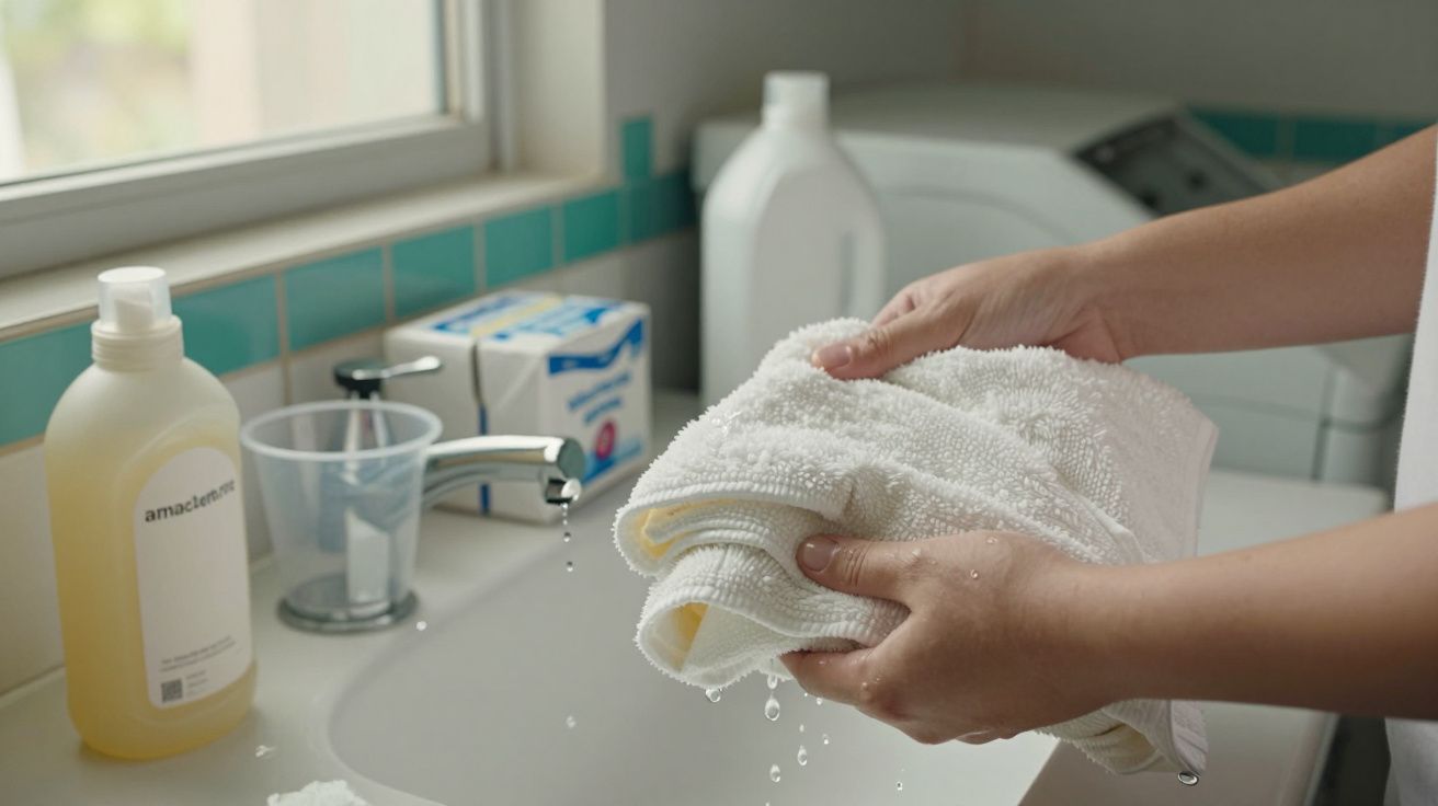 Pessoa torce toalha branca sobre lavatório com produtos de limpeza ao fundo.