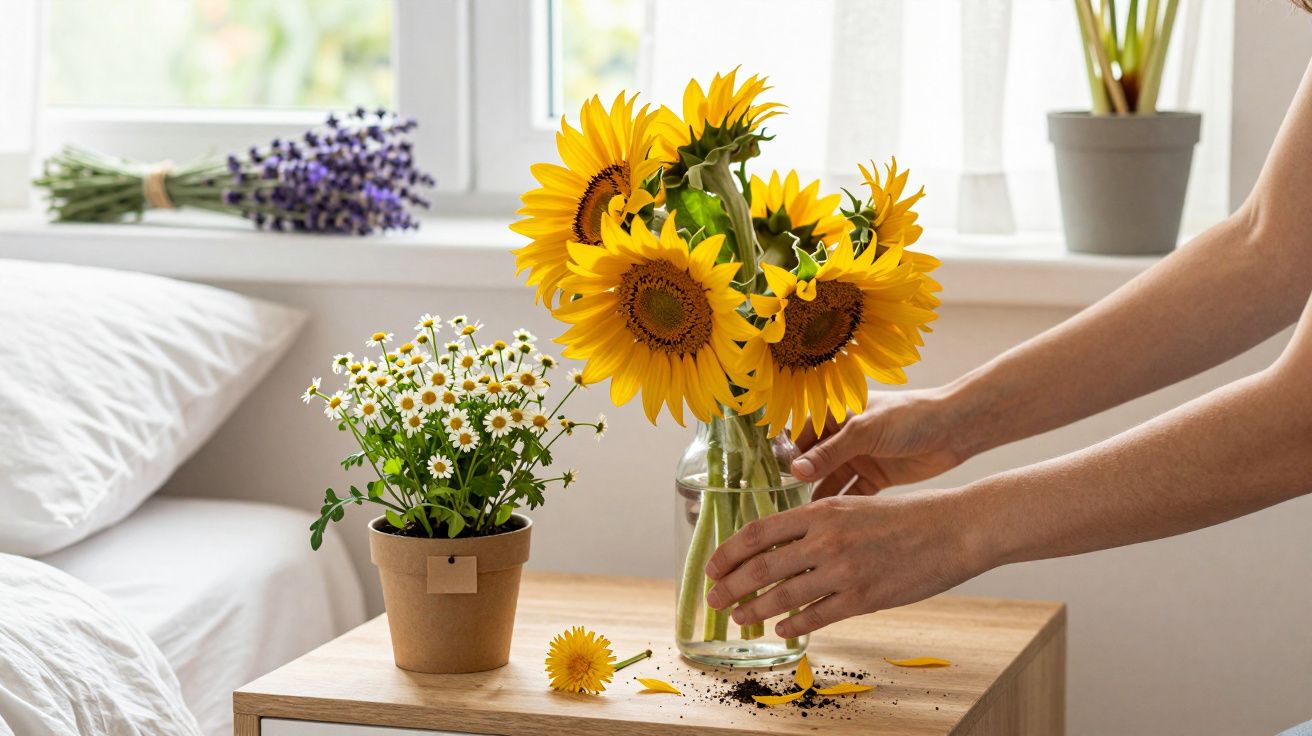 Mãos arranjando girassóis num vaso sobre mesa com flores em fundo de quarto iluminado por janela.