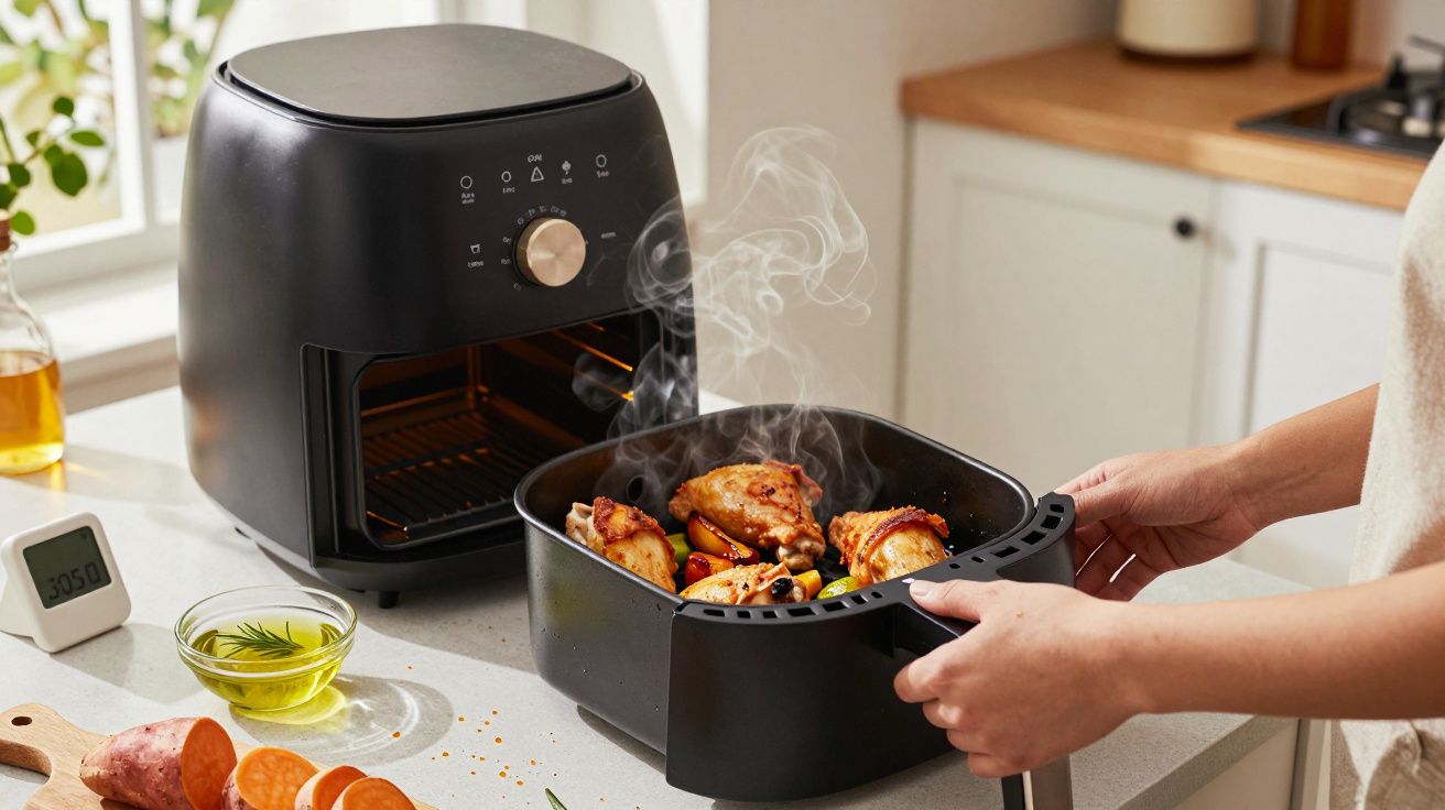 Pessoa retira cesta de fritadeira de ar quente com frango e legumes assados na cozinha.