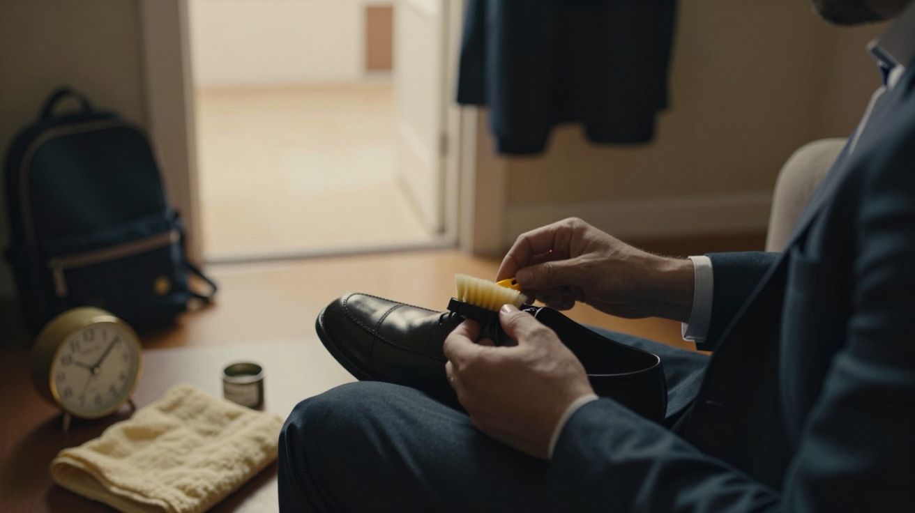 Homem a polir sapato preto com uma escova amarela, relógio e mochila ao fundo.