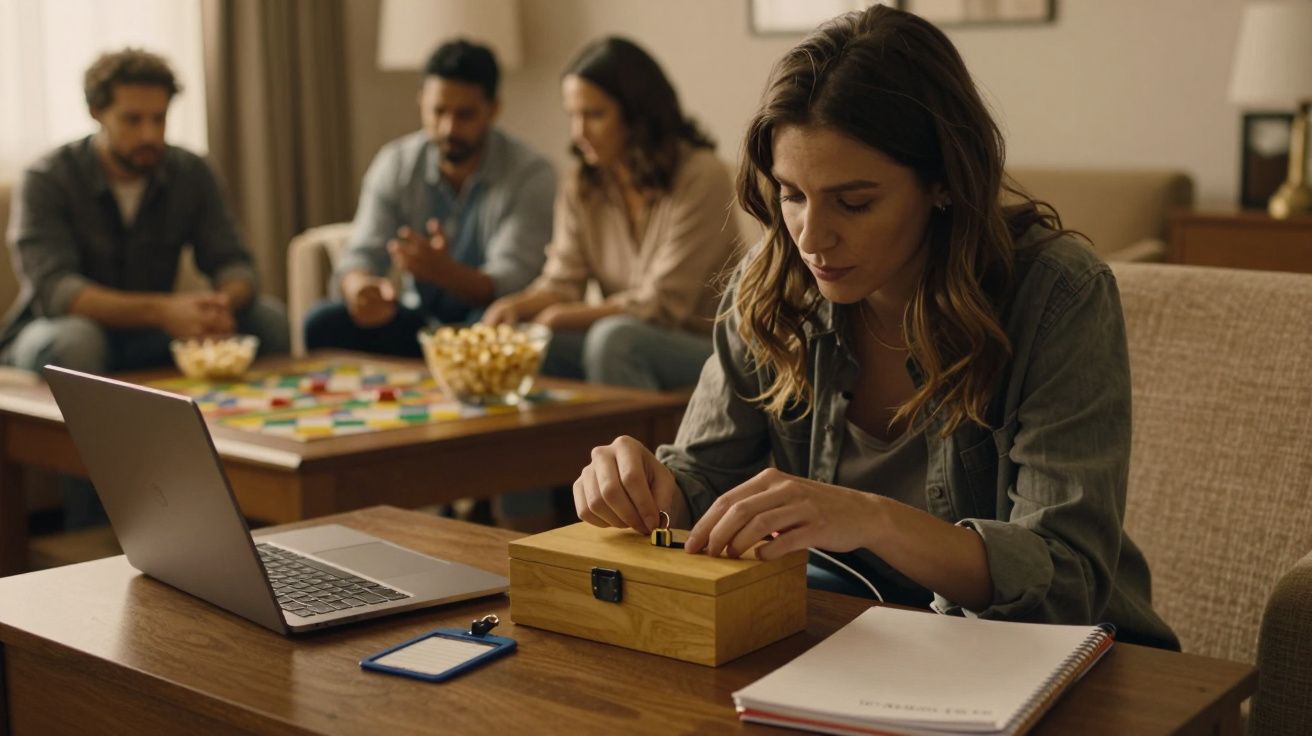 Mulher mexe em caixa de madeira numa sala com computador e bloco de notas; três pessoas ao fundo jogam à mesa.
