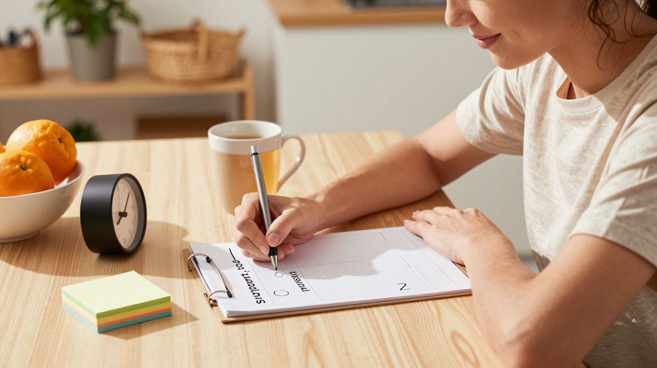 Pessoa escreve numa folha num bloco de notas, numa mesa com um relógio, post-its, laranjas e uma caneca.