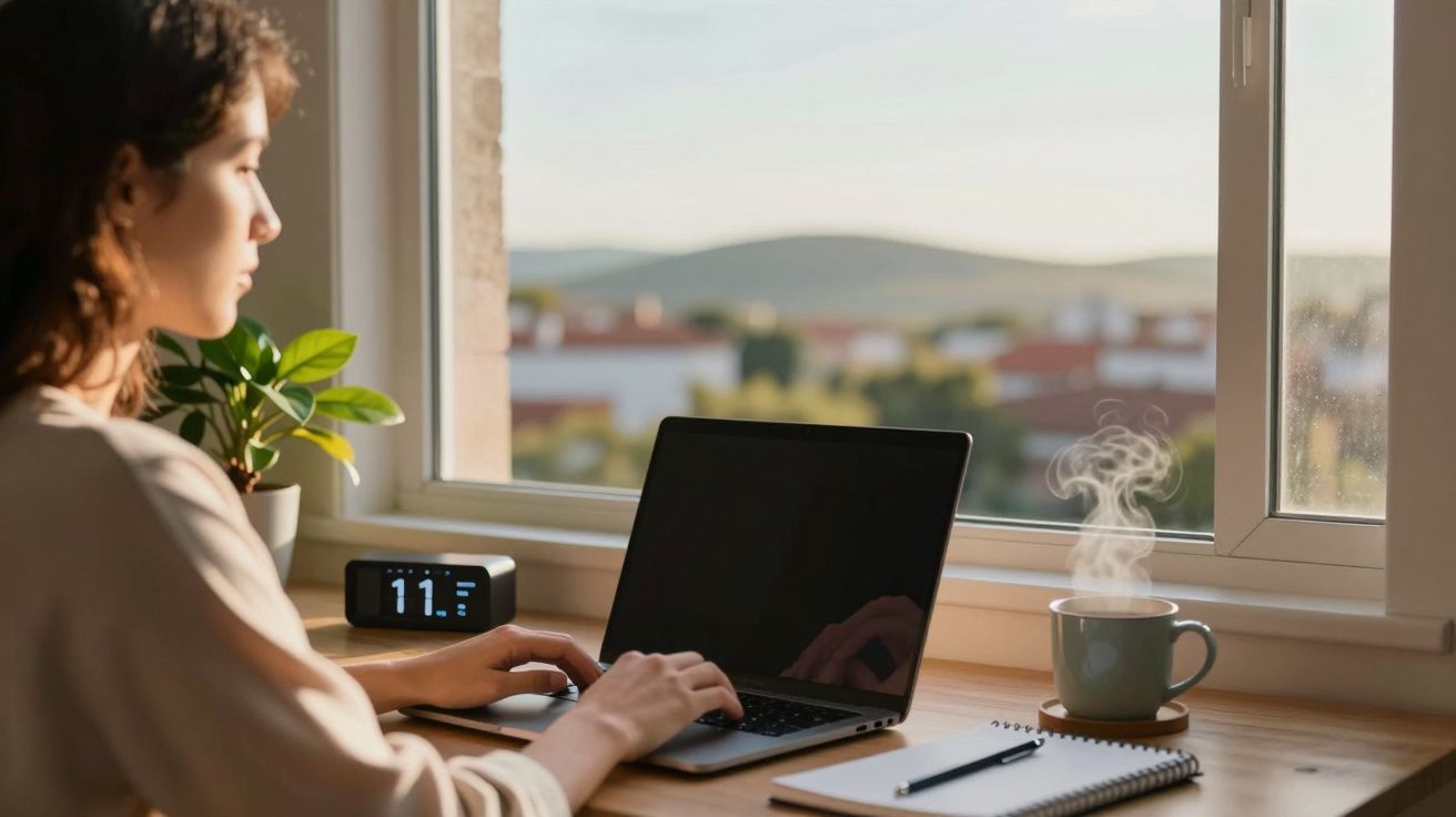 Mulher a trabalhar no portátil perto de janela, com chávena de café, bloco de notas e relógio digital na secretária.