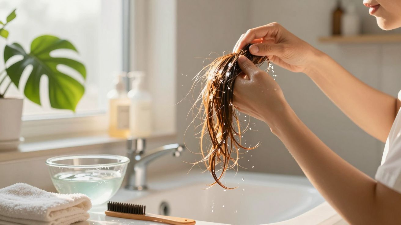 Mãos lavando cabelo sobre lavatório com toalha, tigela de água e escova ao lado.