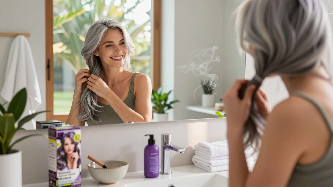 Mulher de cabelos grisalhos sorri ao espelho numa casa de banho, com produtos de cabelo e toalhas ao redor.