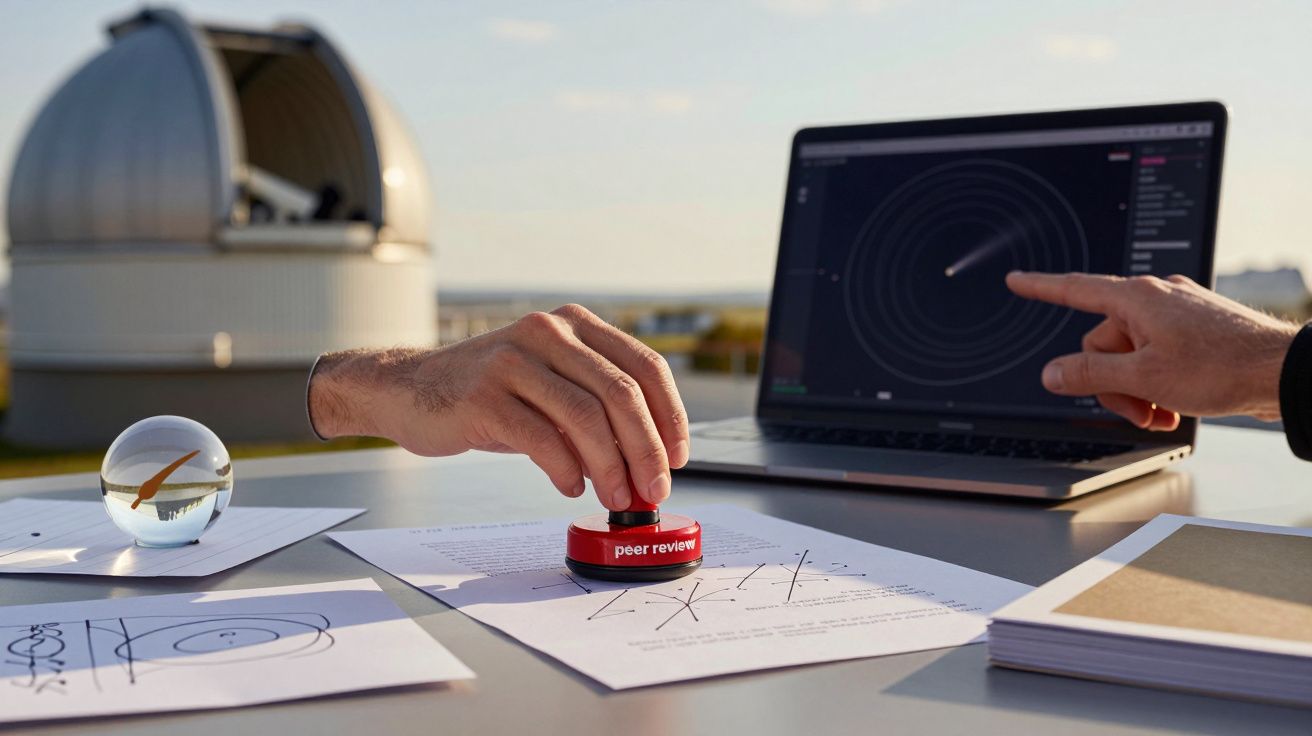 Mão a carimbar documentos com "peer review"; laptop com dados astronómicos e cúpula de observatório ao fundo.