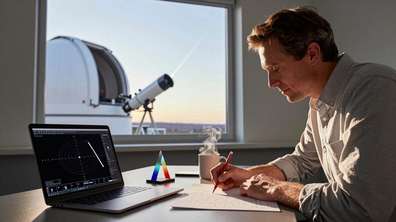 Homem escreve em mesa com portátil e chávena de café, telescópio e cúpula ao fundo junto à janela.