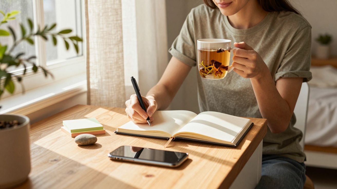 Mulher sentada à mesa escrevendo num bloco de notas enquanto segura uma chávena de chá, ao lado de um telemóvel.
