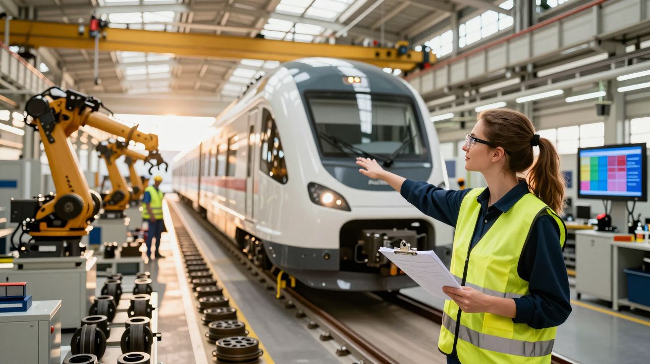 Mulher de colete refletor inspeciona comboio em fábrica com robôs industriais ao lado.
