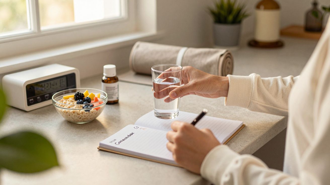 Pessoa anota no caderno enquanto segura copo de água. Ao lado, taça com frutas, relógio e frasco de comprimidos.