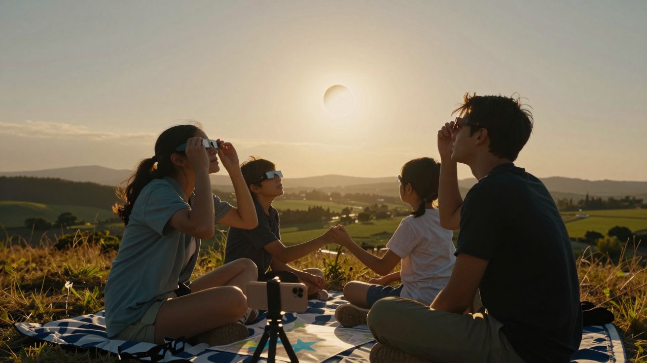 Quatro pessoas observam um eclipse solar sentadas numa manta numa colina ao pôr do sol, usando óculos especiais.