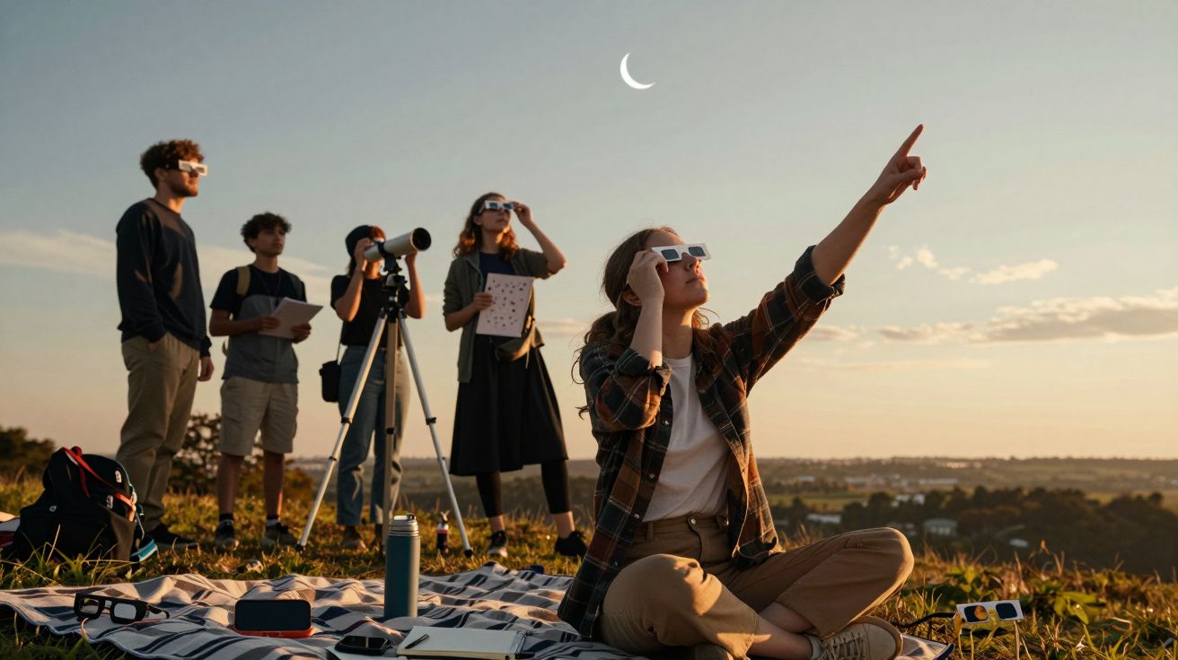 Grupo de jovens observa eclipse solar ao ar livre, usando óculos especiais e telescópio, ao pôr do sol.