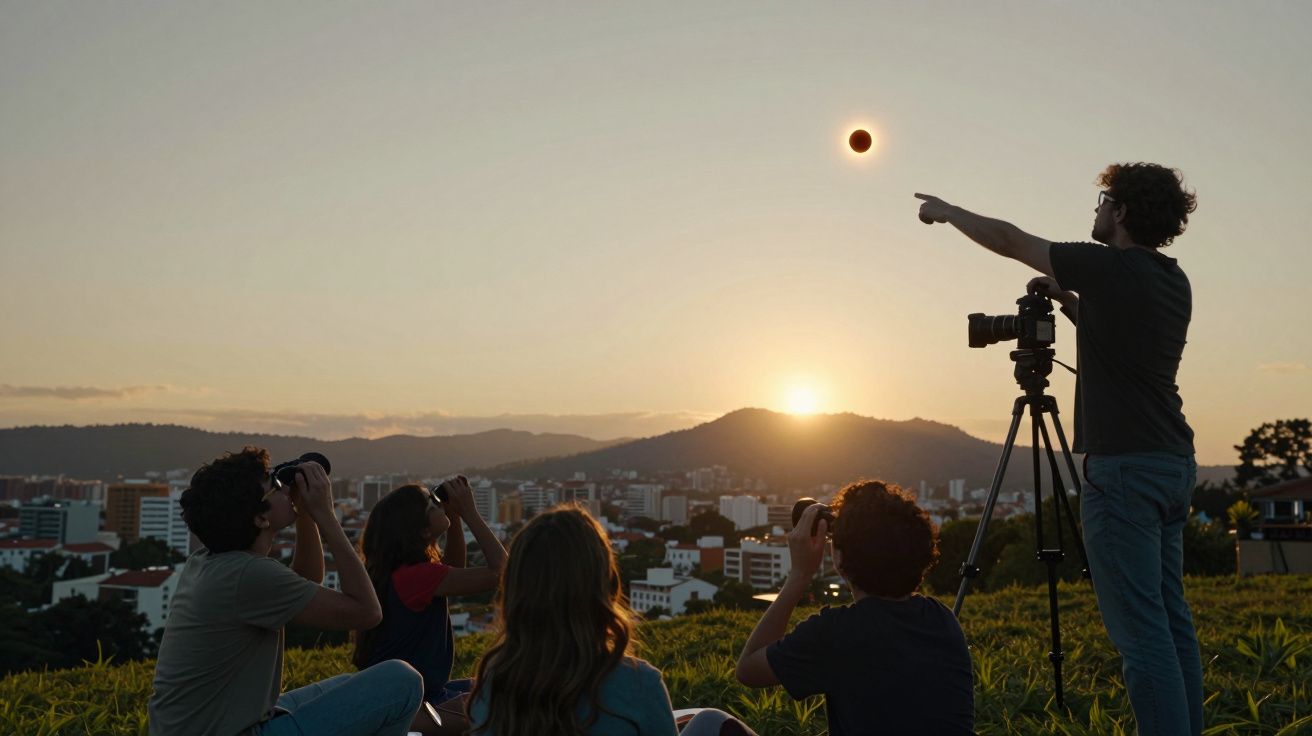 Grupo observa eclipse solar ao pôr do sol, em cidade com colinas ao fundo.