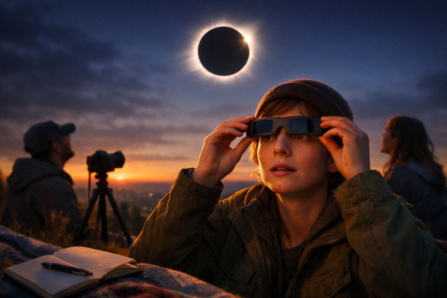 Pessoa observa eclipse solar, usando óculos especiais, com céu ao pôr do sol e outras pessoas ao fundo.