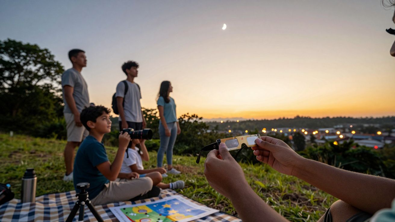Grupo de jovens observa o céu ao entardecer com óculos especiais e mapa estelar, numa área verde.