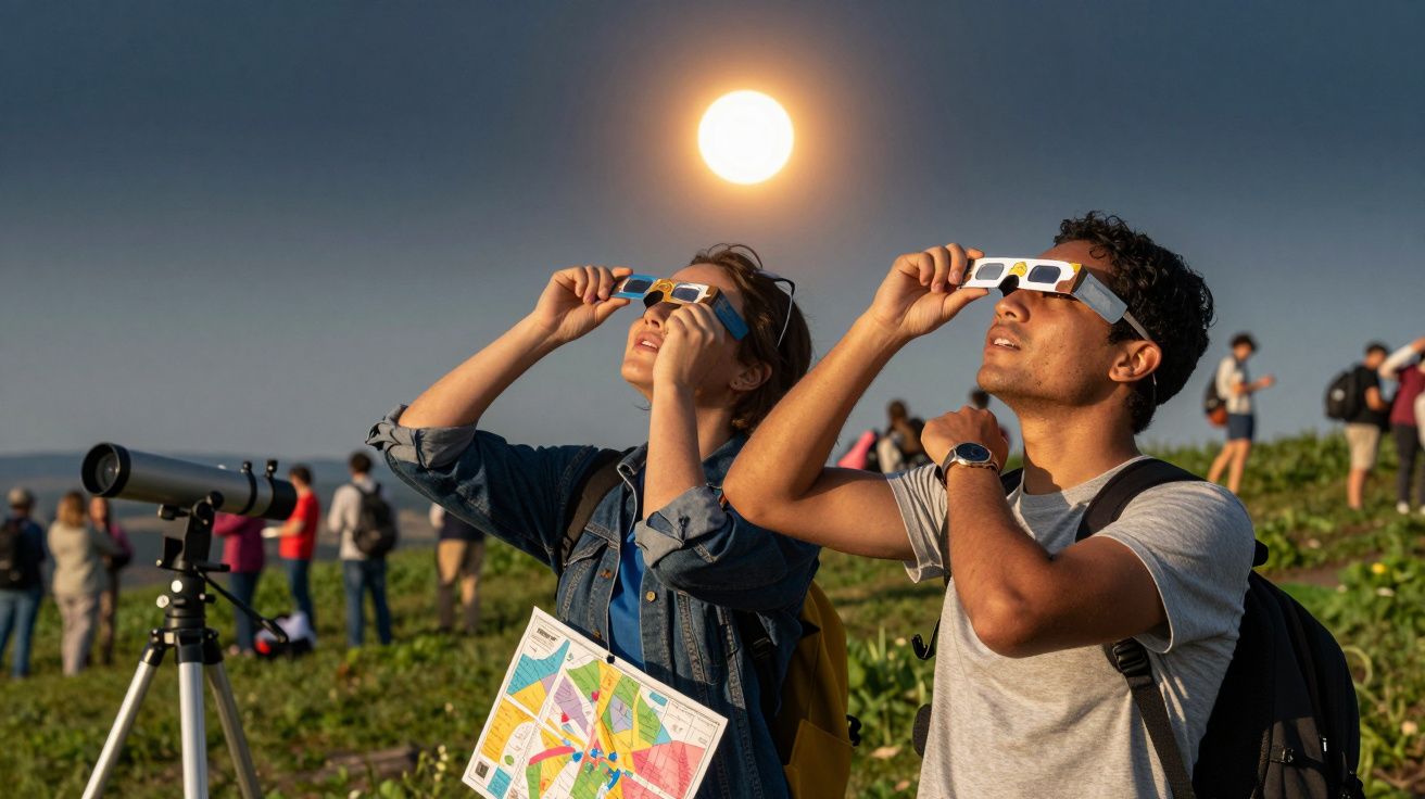 Pessoa a observar um eclipse solar ao ar livre com óculos especiais, rodeada de outras pessoas e telescópio.