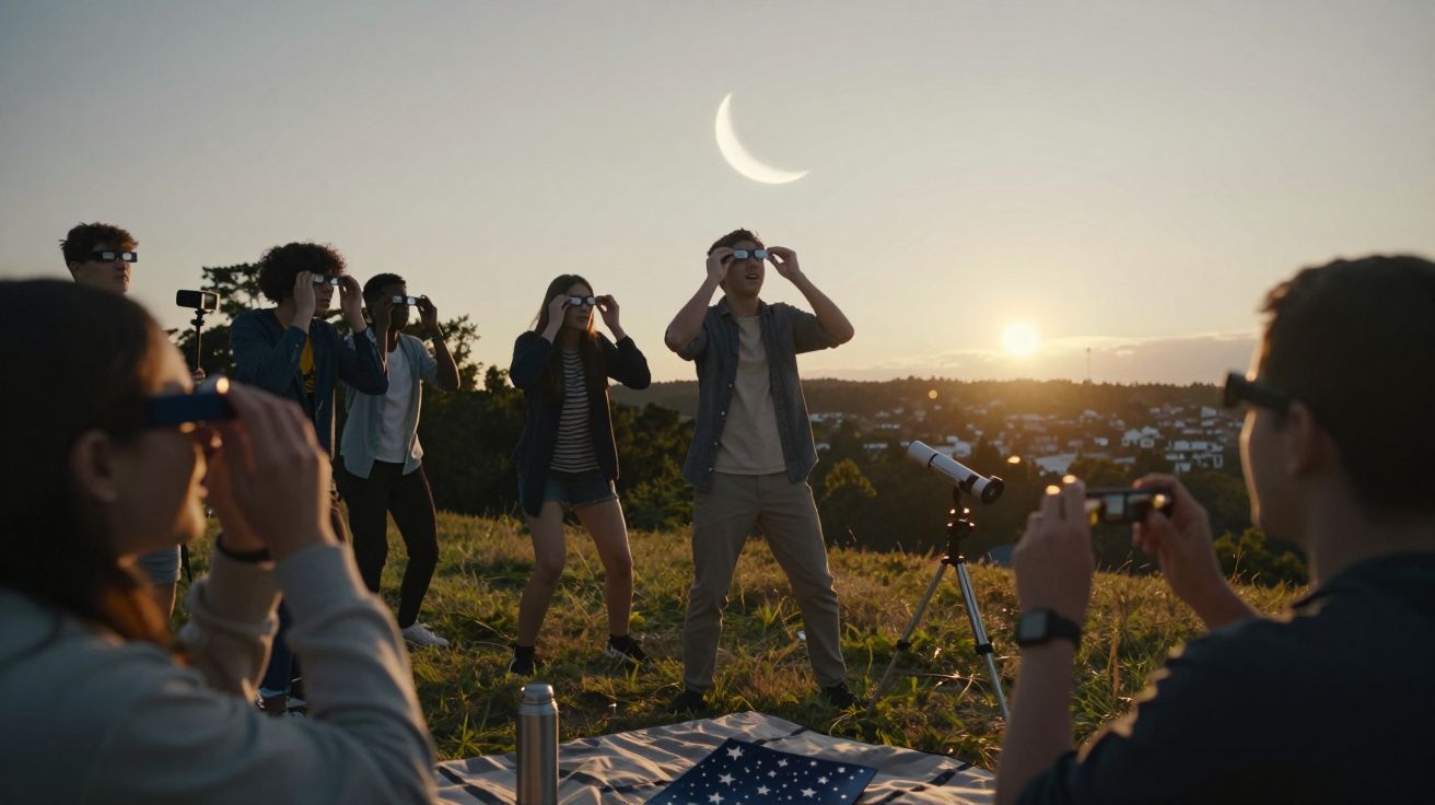 Grupo de pessoas observa eclipse solar com óculos especiais num campo ao pôr do sol, com telescópio ao lado.