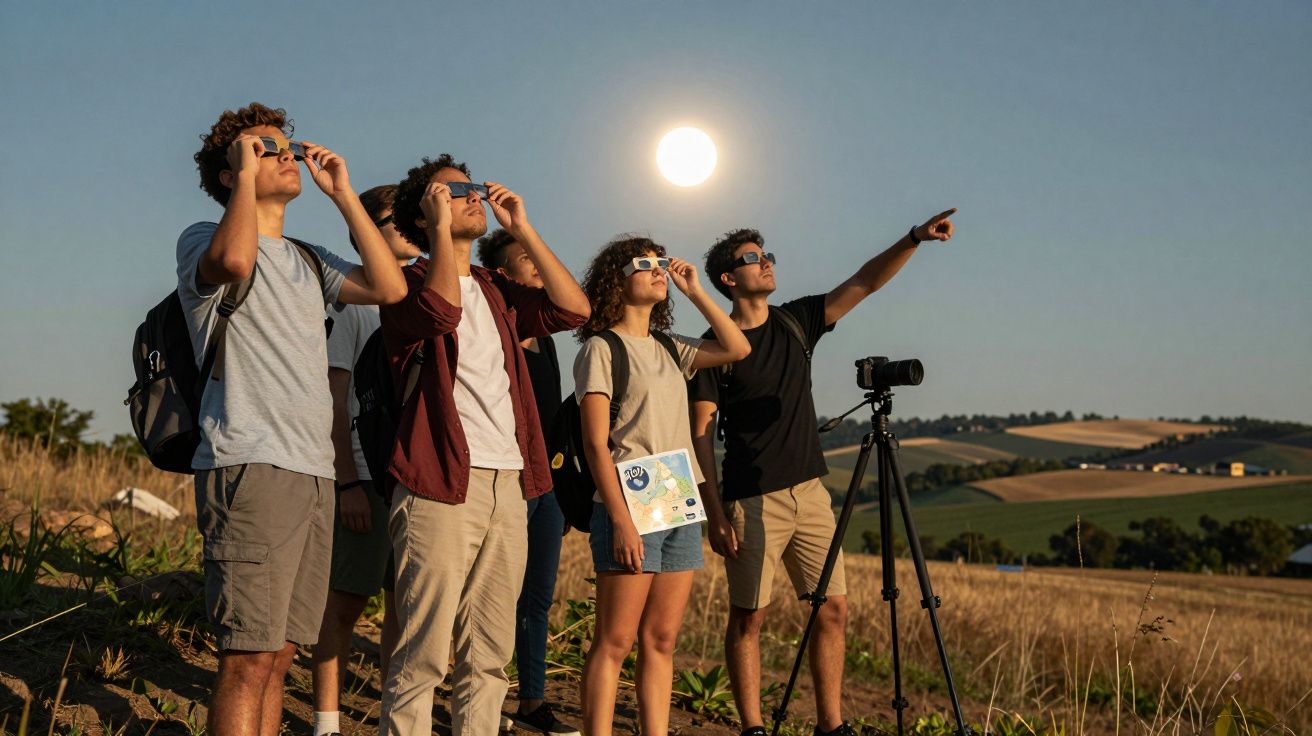 Grupo observa eclipse solar com óculos especiais em campo, ao pôr do sol, com mapa e tripé ao lado.