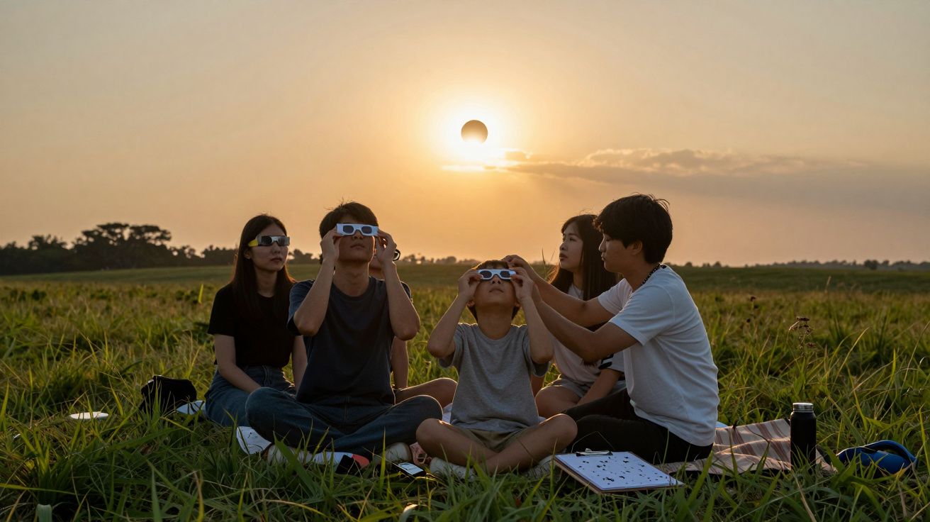 Grupo de pessoas no campo, usando óculos especiais para observar um eclipse solar ao pôr do sol.