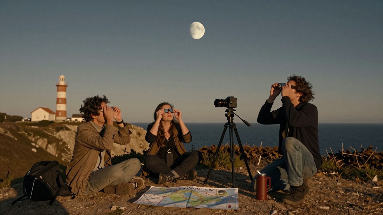 Três pessoas observam a lua com binóculos junto a um farol, com mapa e câmara, à beira do mar ao pôr do sol.