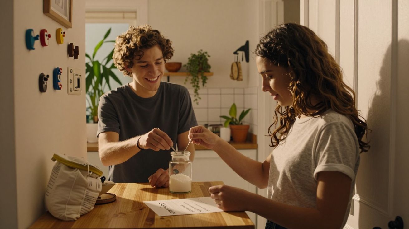 Duas pessoas a preparar uma receita numa cozinha iluminada, com plantas e utensílios ao fundo.