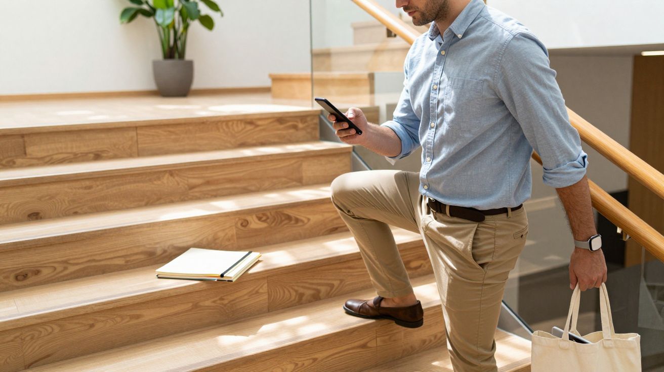 Homem a descer escadas, a olhar para o telemóvel, com saco na mão e livros caídos ao lado.