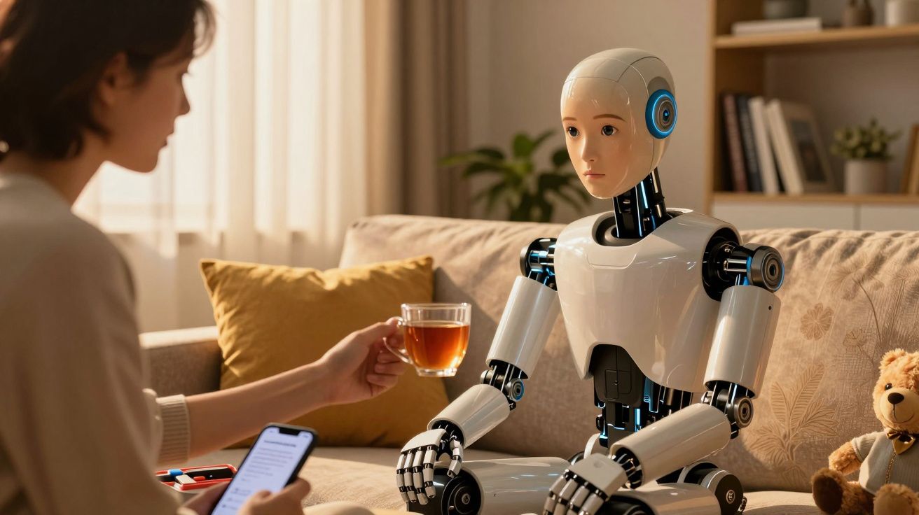 Mulher oferece chá a um robô humanóide sentado no sofá com um urso de peluche ao lado.