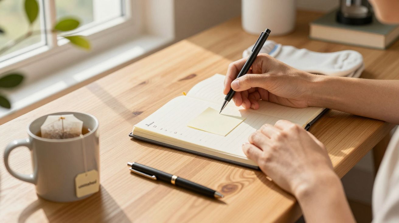 Pessoa escreve num bloco de notas junto a uma chávena de chá num ambiente iluminado por uma janela.