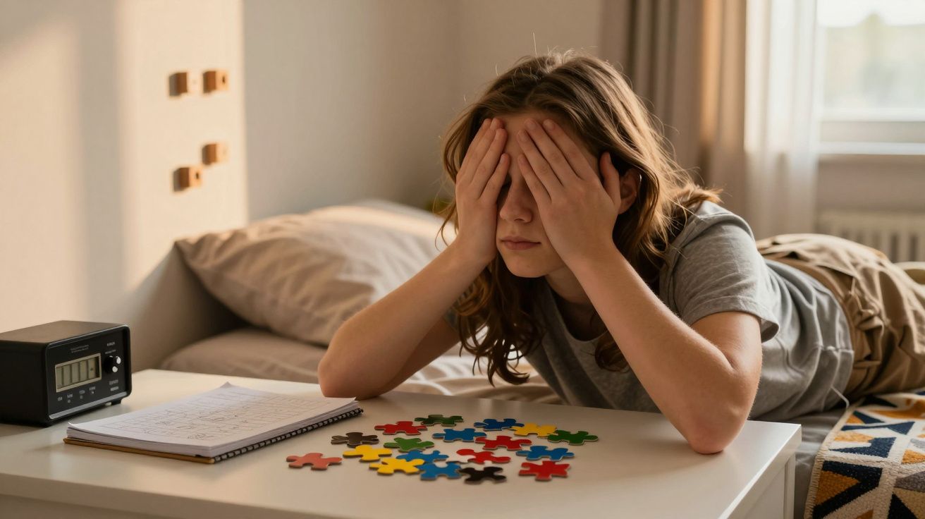 Jovem sentado na cama cobre o rosto com as mãos, com peças de puzzle e um bloco de notas sobre a mesa.