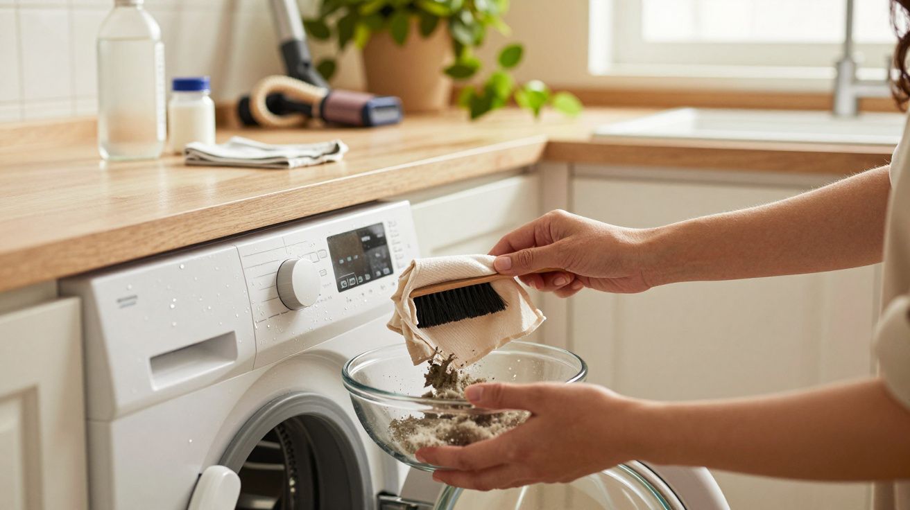 Pessoa a limpar filtro de máquina de lavar roupa com pincel, perto de uma taça de vidro numa cozinha.