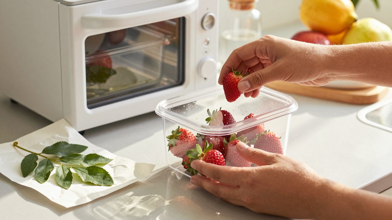 Mãos colocando morangos frescos numa caixa de plástico sobre bancada ao lado de um forno branco.